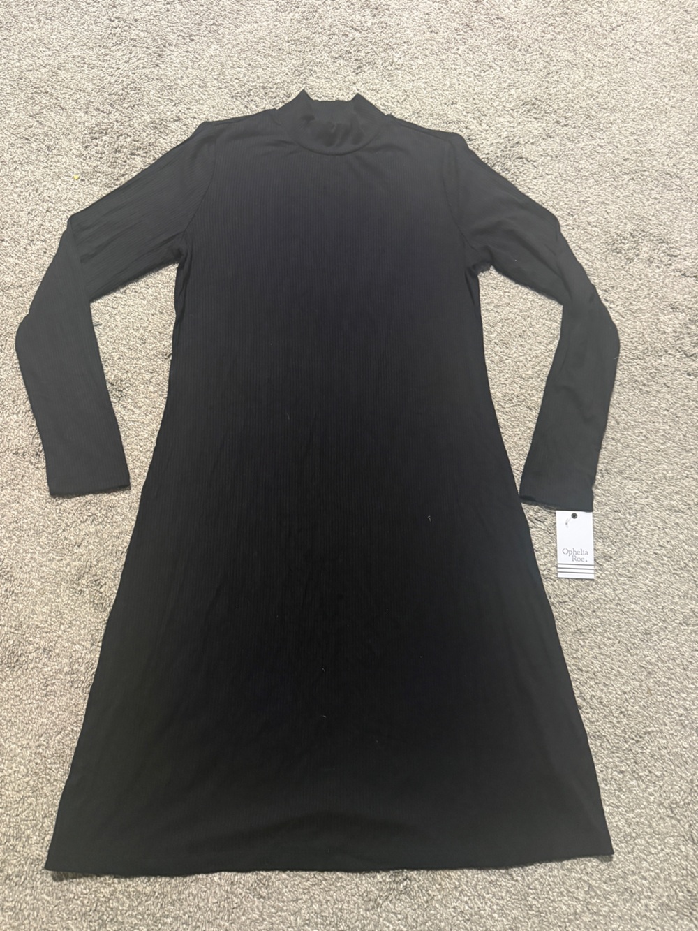 Black Long-Sleeve Ribbed Mock-Neck Midi Shift Dress